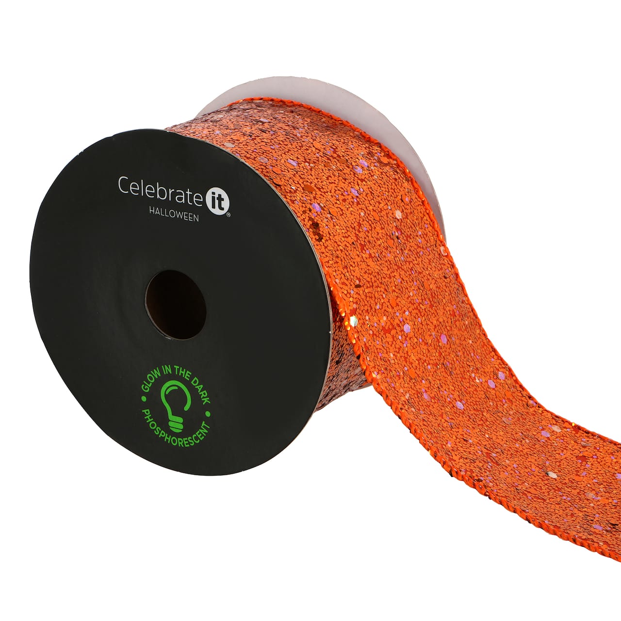 2.5" x 6.6yd. Orange Glow-in-the-Dark Wired Glitter Taffeta Ribbon by Celebrate It®